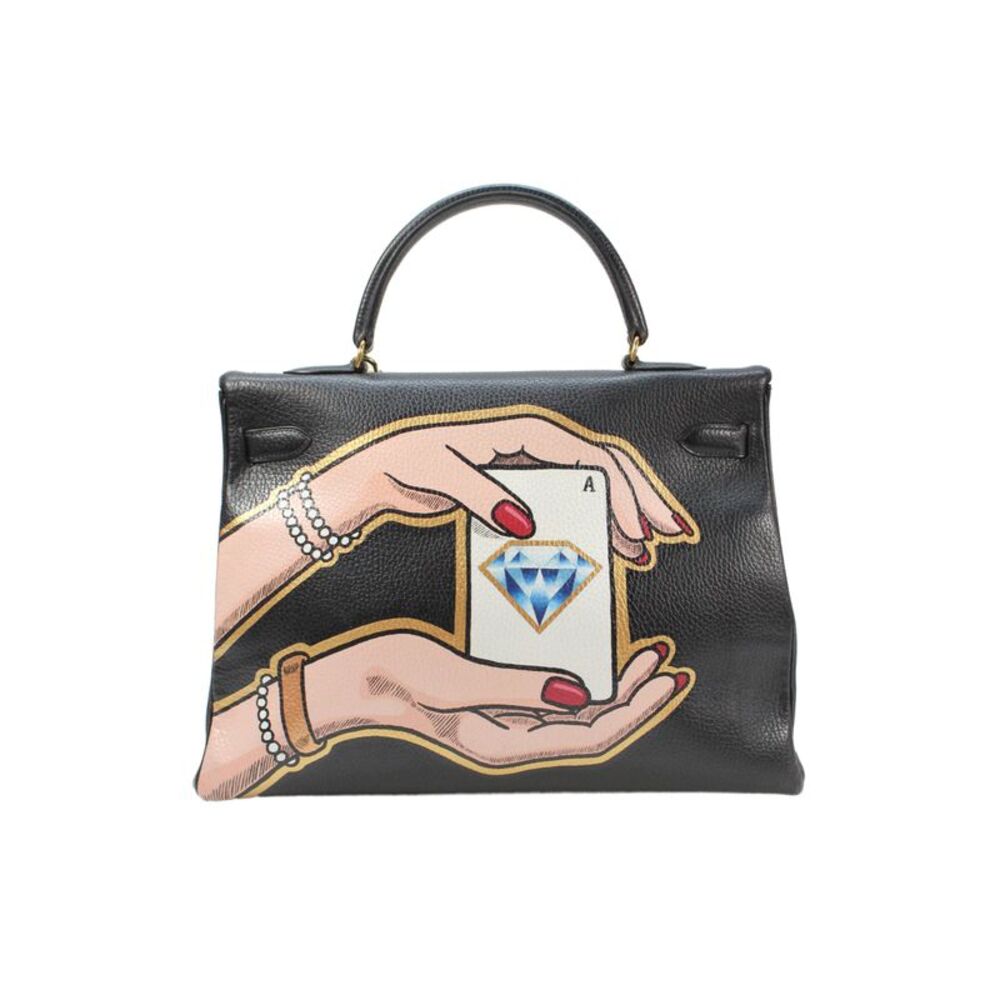 Hermes Womens Printed Kelly 35 Gold Tone Hardware Leather Handbag Black - Picture 4 of 8